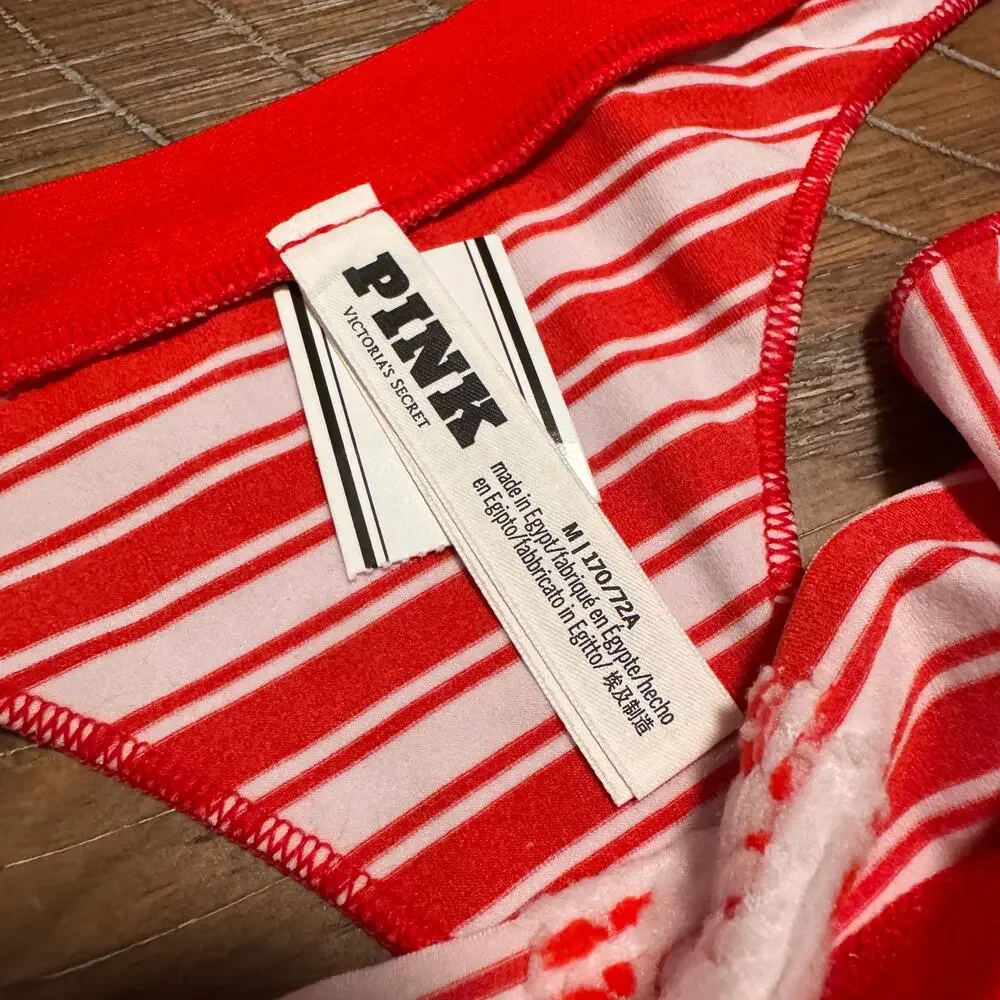 Victoria's Secret Panty Size M Thong String Red Festive Stripe Print Brazilian